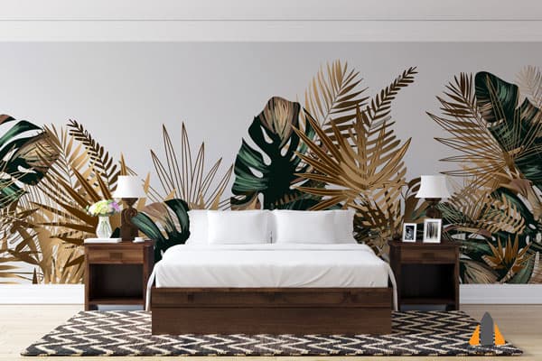 Tropical Golden and Emerald Leaves Wallpaper