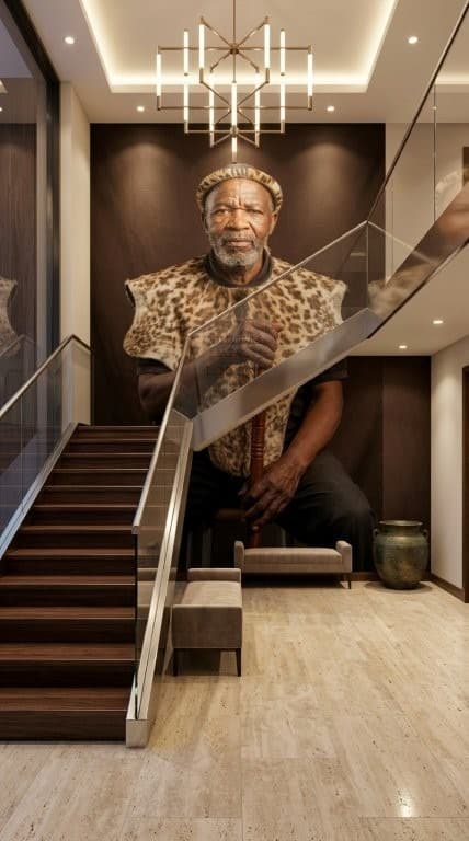 Large custom portrait wall mural of a man in traditional attire in a modern hallway with stairs.