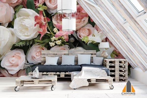 Pink and white floral bouquet wall mural in a modern loft space. For wallpaper installations in Gauteng.