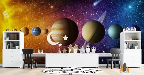 Vibrant planets wall mural in a child's bedroom, perfect for wallpaper installations in Gauteng.