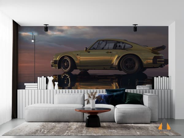 Gold Porsche wall mural in a modern living room, perfect for wallpaper installations in Gauteng.