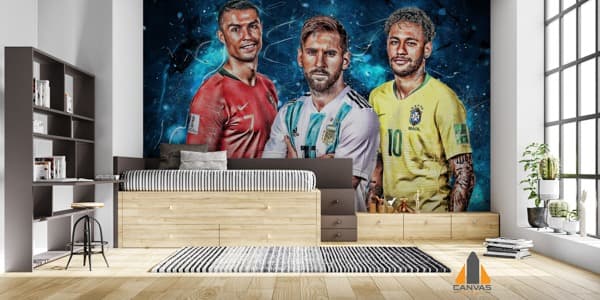 Ronaldo, Messi, and Neymar wall mural in a modern bedroom, perfect for wallpaper installations in Gauteng.