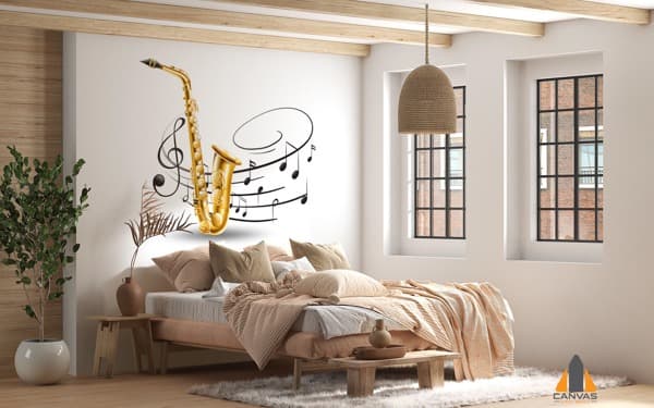 Golden saxophone with music notes wall mural in a bright bedroom, perfect for wallpaper installations in Gauteng.