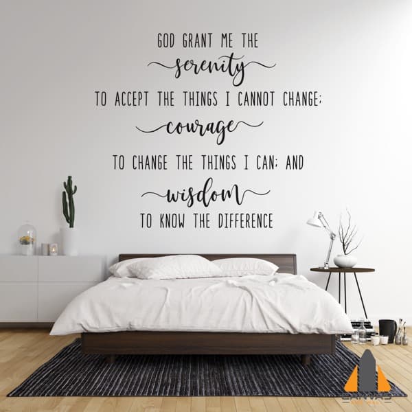 Serenity Prayer wall mural above a bed in a modern bedroom, available for wallpaper installations in Gauteng.