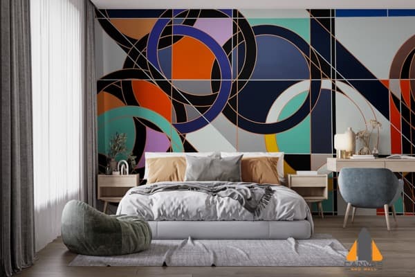 Bedroom with large Shifting Circles wall mural, a great custom wallpaper installation for Johannesburg homes.