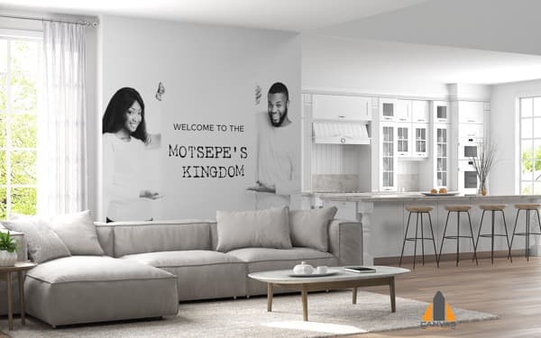 Monochrome family portrait custom wallpaper in a modern living room and kitchen.