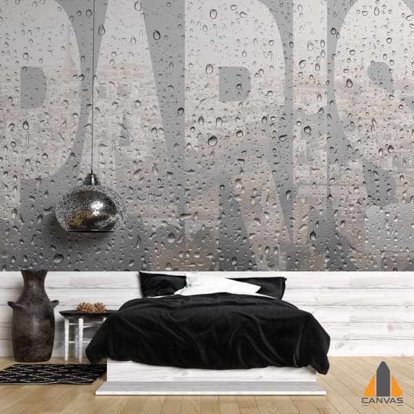 Rainy Paris wall mural in a modern bedroom, showcasing expert wallpaper installations in Gauteng.