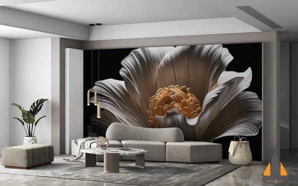 Single white peony flower wall mural in a modern living room, expertly installed by Canvas & Wall.