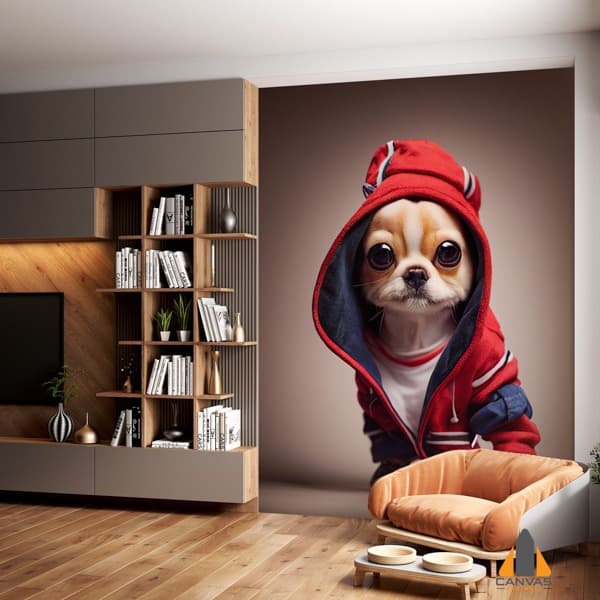 Cute chihuahua pup wearing a red hoodie as a wall mural in a modern living room design.