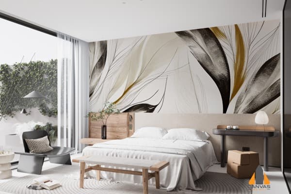Stylized feather wall mural in a modern bedroom, perfect for wallpaper installations in Gauteng.