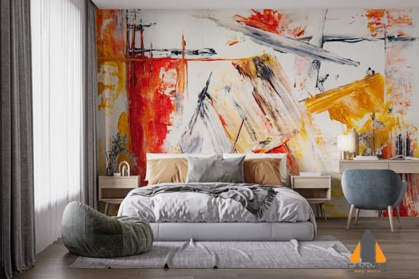 Red brushwork wall mural in a modern bedroom, ideal for wallpaper installations in Gauteng.