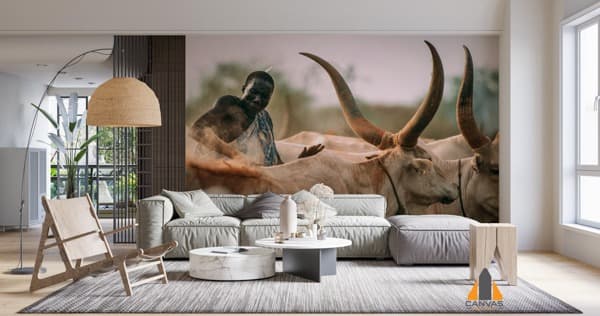Sudan Ankole Cattle wall mural in a modern living room, perfect for wallpaper installations in Gauteng.