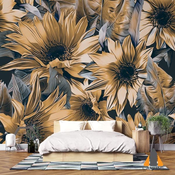 Sunflowers seamless pattern wall mural in a modern bedroom, ideal for wallpaper installations in Gauteng.