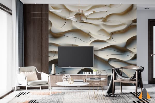 Creamy wavy wall mural in a modern living room with a TV and dark brown built-in cupboards.