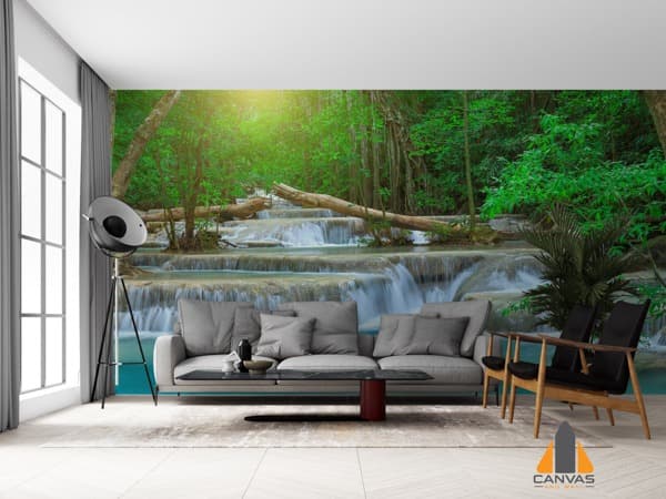 Lush tropical waterfall wall mural in a modern living room, perfect for wallpaper installations in Gauteng.