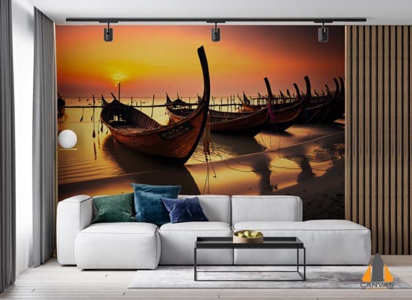 Traditional fishing boats at sunset wall mural in a modern living room, expertly installed by Canvas & Wall.