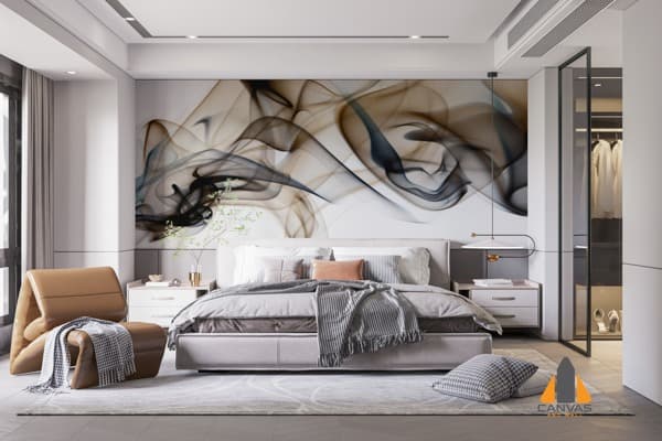 Translucent blue gold smoke wall mural in a modern bedroom, perfect for wallpaper installations in Gauteng.