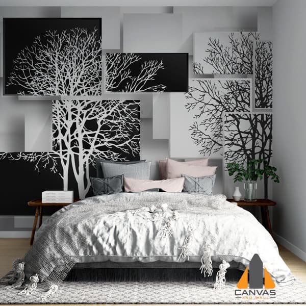 Monochromatic tree 3D illustration wall mural in a bedroom, with wallpaper installations in Gauteng.