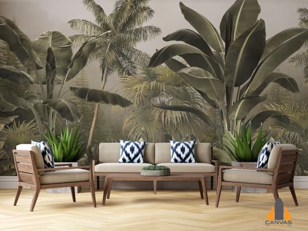 Tropical forest palm wall mural in a modern living room, perfect for wallpaper installations in Gauteng.