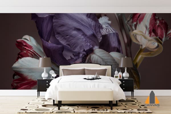 Dramatic purple flower wall mural in a modern bedroom, perfect for wallpaper installations in Gauteng.