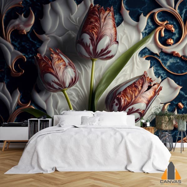 Tulips in Marble wall mural in a sophisticated bedroom, offering wallpaper installations in Gauteng.