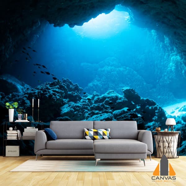 Undersea cave wall mural in a modern living room, perfect for wallpaper installations in Gauteng.