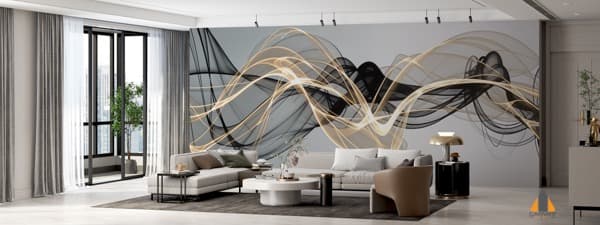 Modern living room with a striking black and gold swirl custom wallpaper.