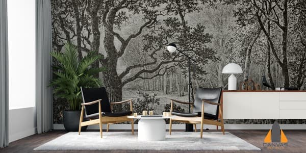 Vintage forest scene wall mural in a modern living room, expertly installed via wallpaper installations in Gauteng.