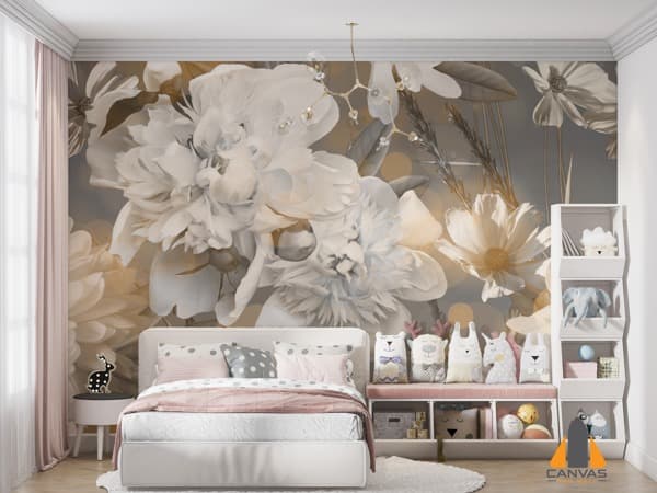 Vintage floral peony wall mural in a child's bedroom, great for wallpaper installations in Gauteng.