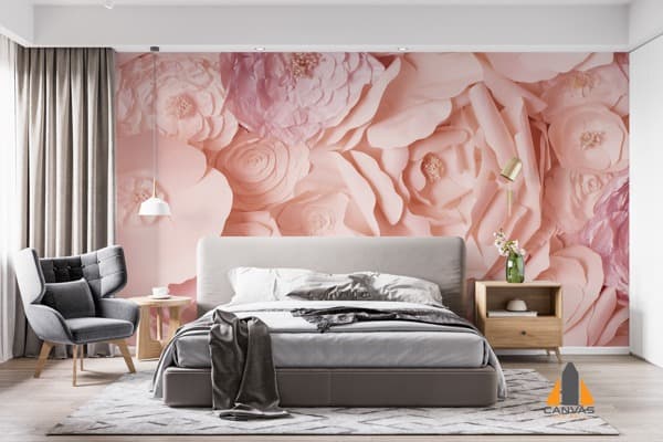 Pink paper flowers wall mural in a modern bedroom, ideal for wallpaper installations in Gauteng.
