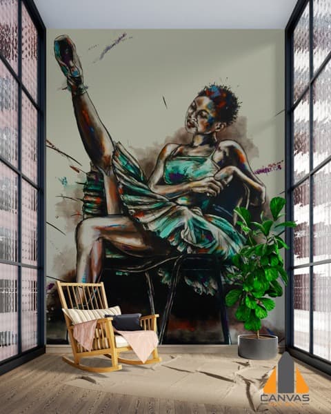 Vibrant ballerina wall mural in a modern living room setting, ideal for wallpaper installations in Gauteng.