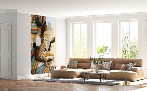 Vibrant cultural wall mural of a woman carrying baskets in a modern living room