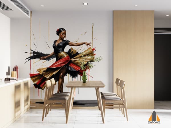 Vibrant dancer wall mural in a modern dining area. Perfect for wallpaper installations in Gauteng.