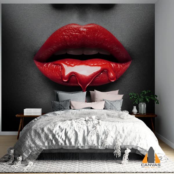 Red lips with dripping liquid wall mural in a modern bedroom, available for wallpaper installations in Gauteng.