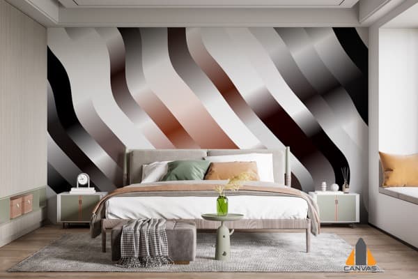 Wavy black, white, and brown wall mural in a modern bedroom, available for wallpaper installations Johannesburg.