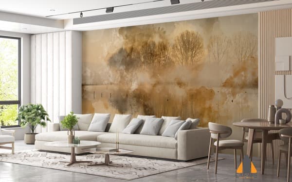 Misty dawn watercolor wall mural in a modern living room, perfect for wallpaper installations Johannesburg.