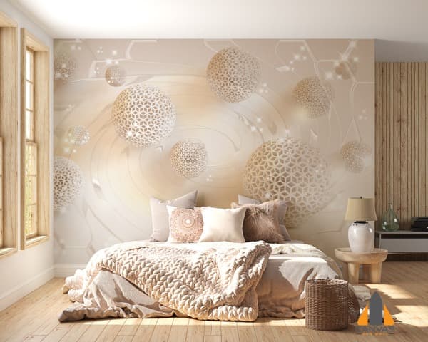 Bedroom featuring a 3D abstract sphere wall mural, creating depth and a modern feel.