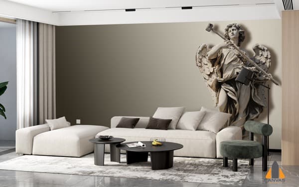 Angel with staff wall mural in a modern living room with beige furniture, from a top wallpaper company.