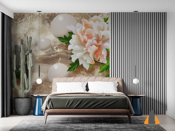 A luxurious bedroom with a floral marble wall mural, showcasing expert wallpaper installations in Gauteng.