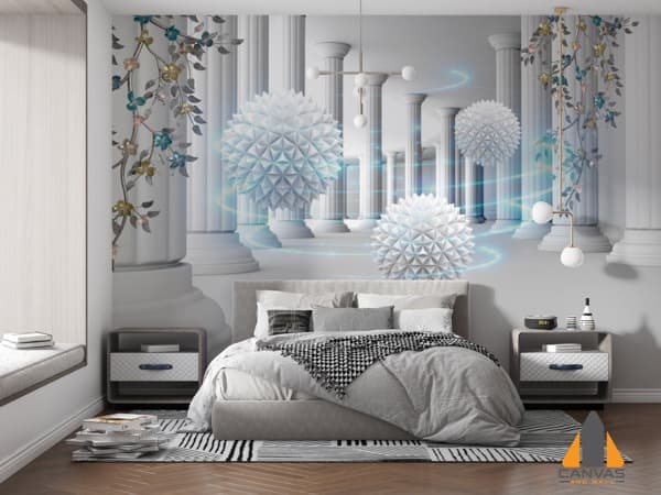 Bedroom featuring a futuristic 3D architectural wall mural with pillars, spheres, and glowing rings.