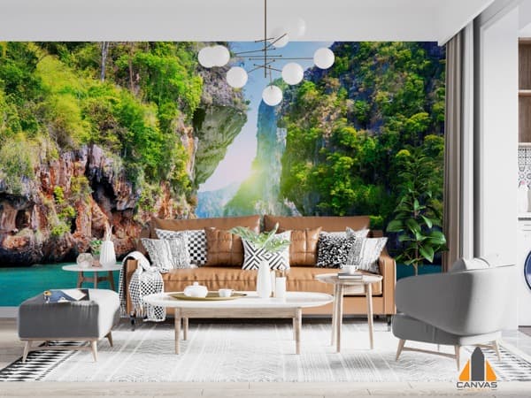 Tropical island bay wall mural in a modern living room with a brown leather couch.