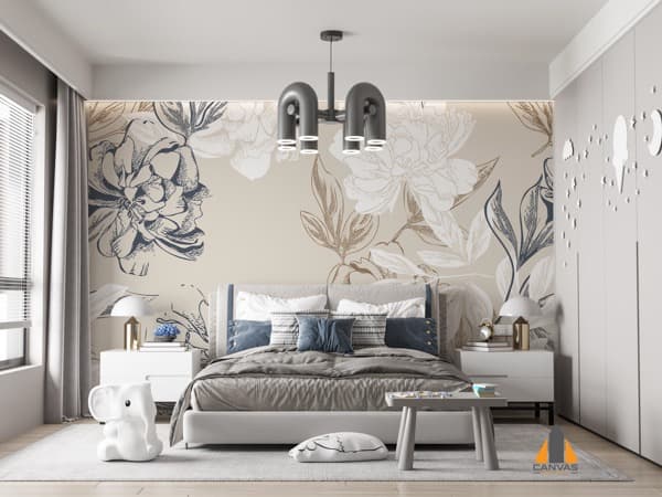 Floral wall mural in a sophisticated bedroom, featuring large outlined blossoms above the bed.