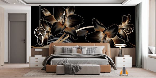 Gold and black lily wall mural in a modern bedroom, available for wallpaper installations in Gauteng.