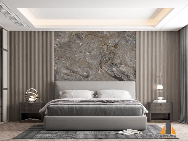 Bedroom with a large grey marble-look wall mural above the bed, featuring gold veins. Ideal for wallpaper installations.