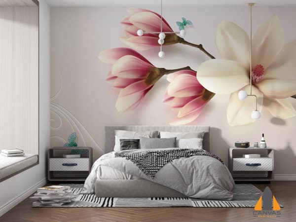 Pink and white magnolia custom wallpaper in a serene bedroom, ideal for wallpaper installations in Gauteng.