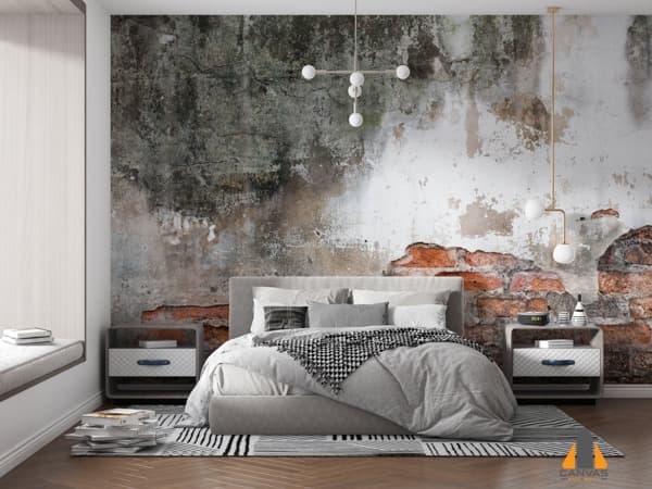 Distressed brick and concrete wall mural in a modern bedroom, showcasing a great wallpaper installation.