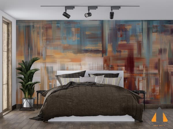 Abstract brushstroke custom wallpaper in a modern bedroom with a white bed and plant.