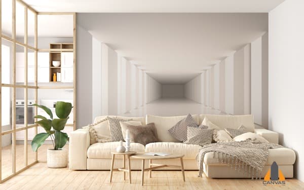 Long vanishing corridor wall mural in a modern living room, expertly installed by our team in Gauteng.