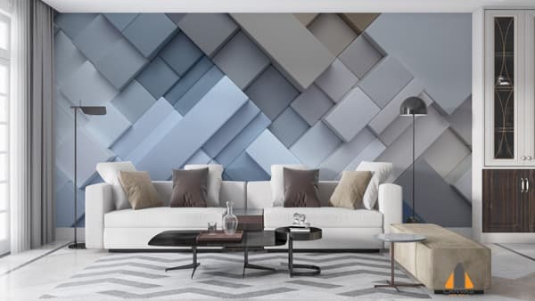 Geometric 3D block wall mural in neutral tones in a modern living room