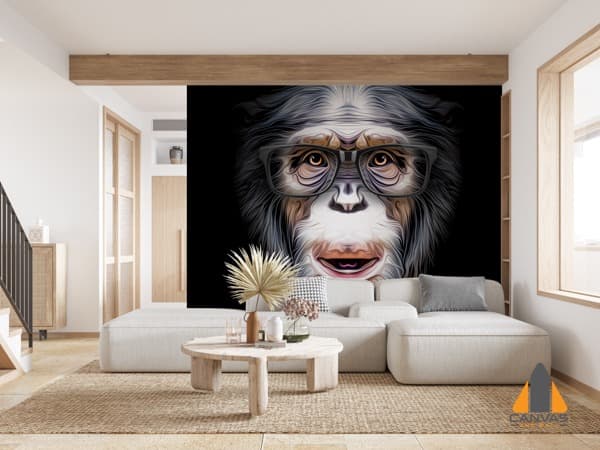 Chimpanzee wearing glasses wall mural in a modern living room, perfect for wallpaper installations Johannesburg.